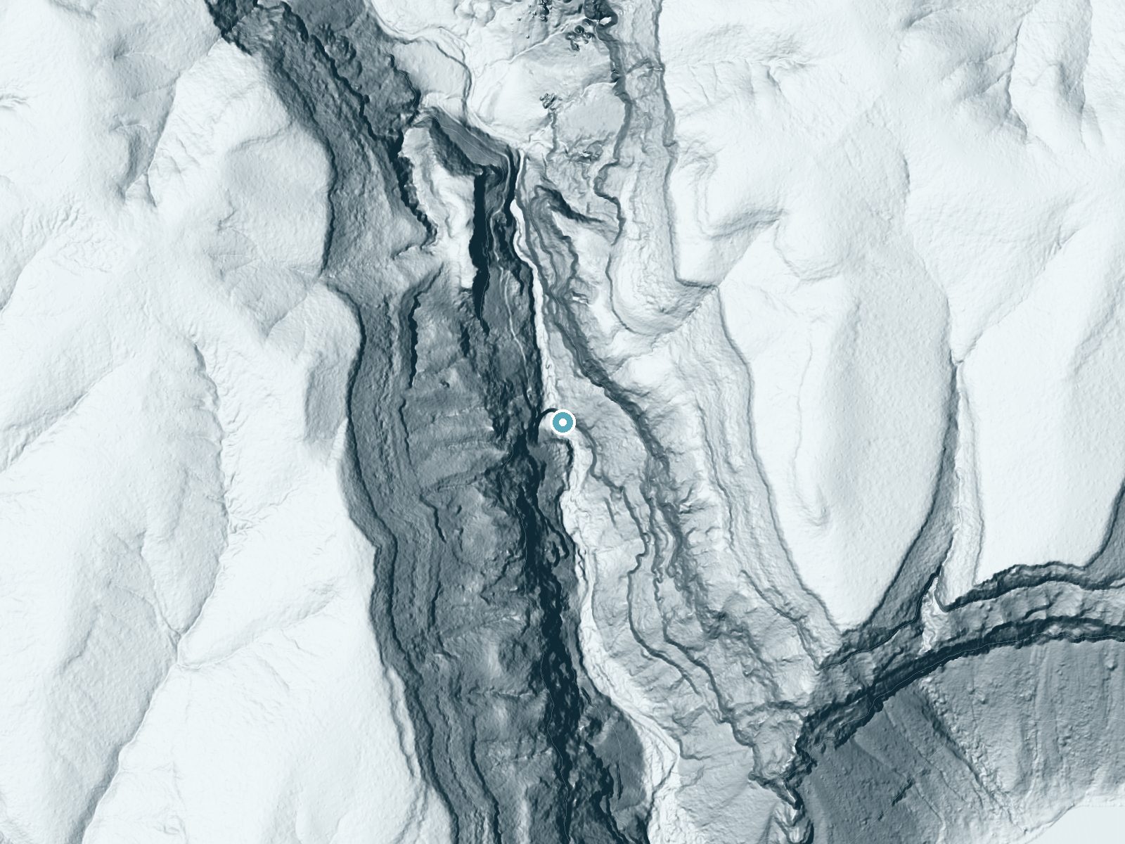 LiDAR bare-earth terrain around Lower Frijoles Falls near White Rock, New Mexico, showing about 301 feet of drop, a steep tiered drop, facing south