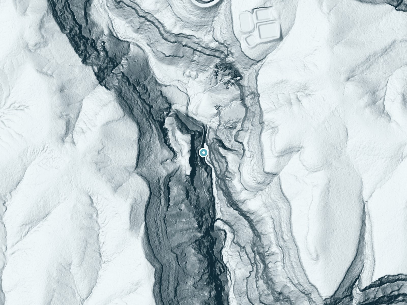 LiDAR bare-earth terrain around Upper Frijoles Falls near White Rock, New Mexico, showing about 427 feet of drop, a single sheer drop, facing southeast