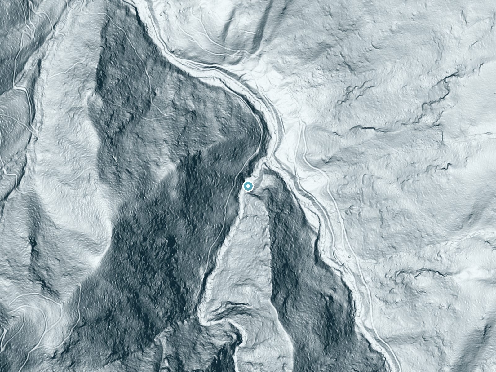 LiDAR bare-earth terrain around Blue Sea Falls near Montreat, North Carolina, showing about 228 feet of drop, a steep tiered drop, facing northeast