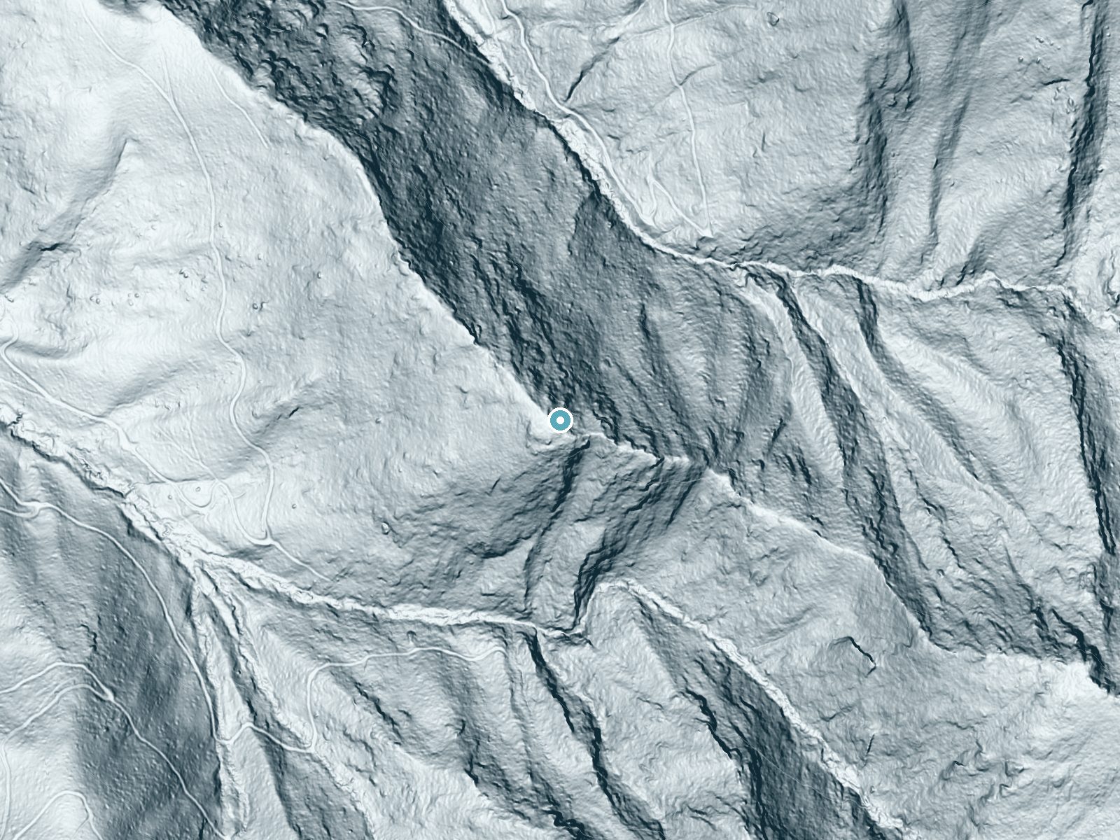 LiDAR bare-earth terrain around Mitchell Falls near Montreat, North Carolina, showing about 211 feet of drop, a steep tiered drop, facing northeast