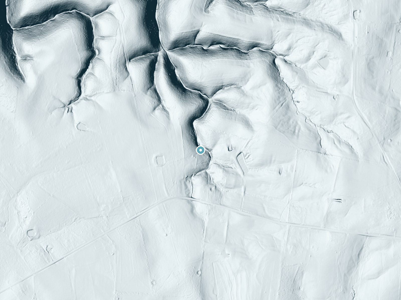 LiDAR bare-earth terrain around Rainbow Falls near Woodbury, Tennessee, showing about 42 feet of drop, a long cascade, facing northeast