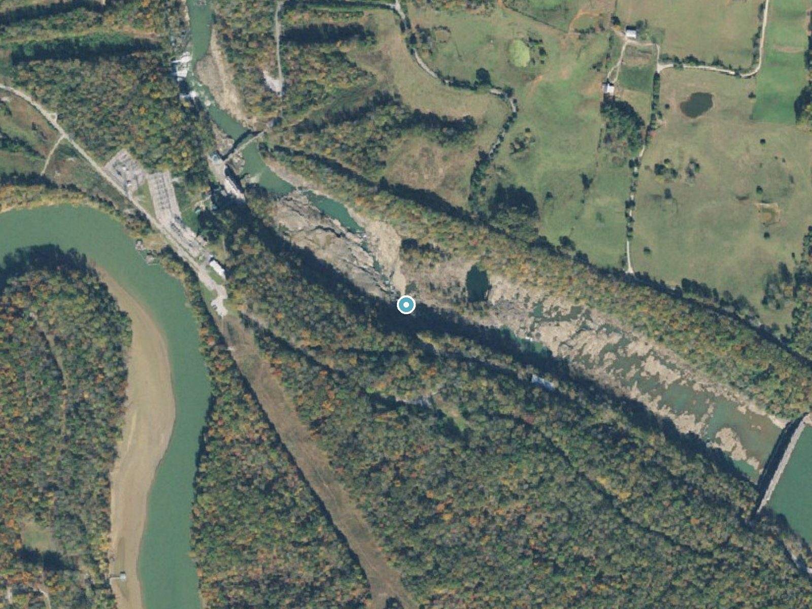Aerial photo of the same ground around Great Falls near Doyle, Tennessee, for comparison with the lidar view