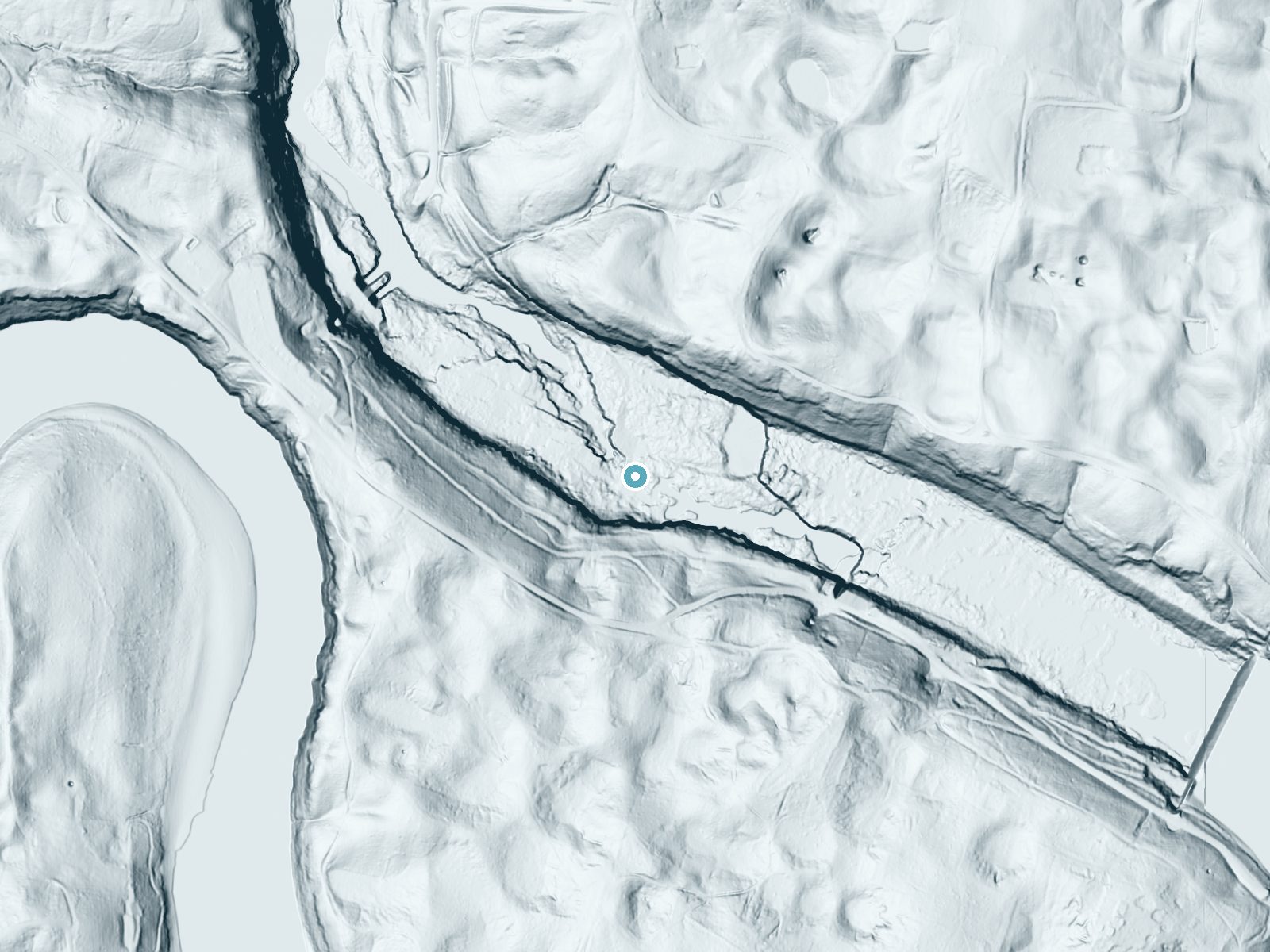 LiDAR bare-earth terrain around Great Falls near Doyle, Tennessee, showing about 112 feet of drop, a steep tiered drop, facing north