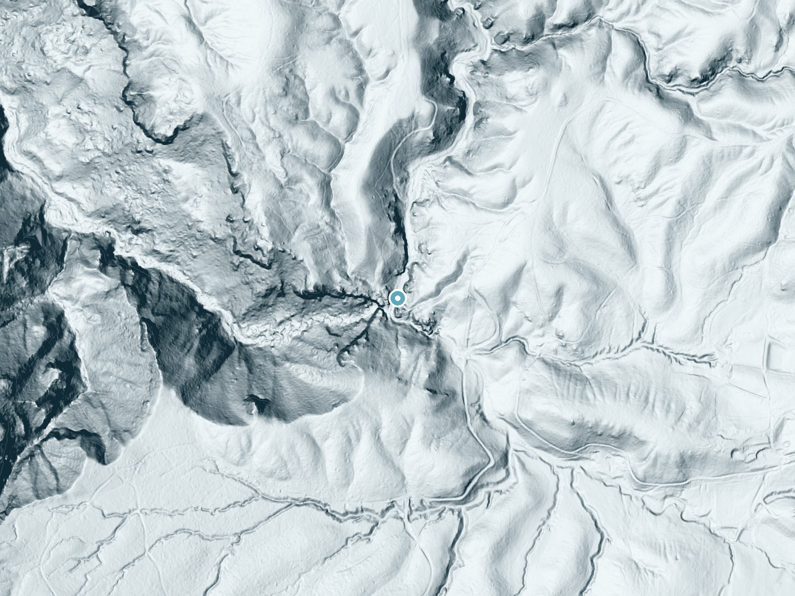 LiDAR bare-earth terrain around Jemez Falls near La Cueva, New Mexico, showing about 135 feet of drop, a steep tiered drop, facing southwest