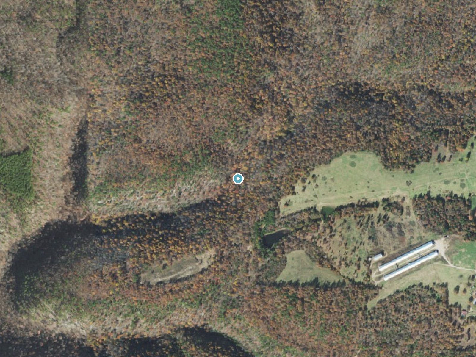 Aerial photo of the same ground around Bear Pen Falls near Fox, Arkansas, for comparison with the lidar view