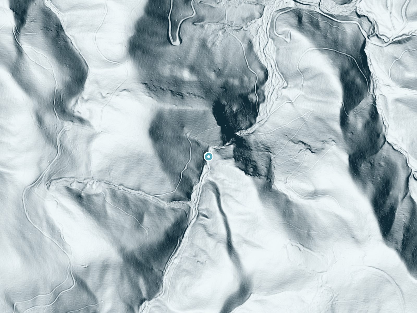 LiDAR bare-earth terrain around Upper Falls near Spruce Pine, North Carolina, showing about 110 feet of drop, a long cascade, facing northeast