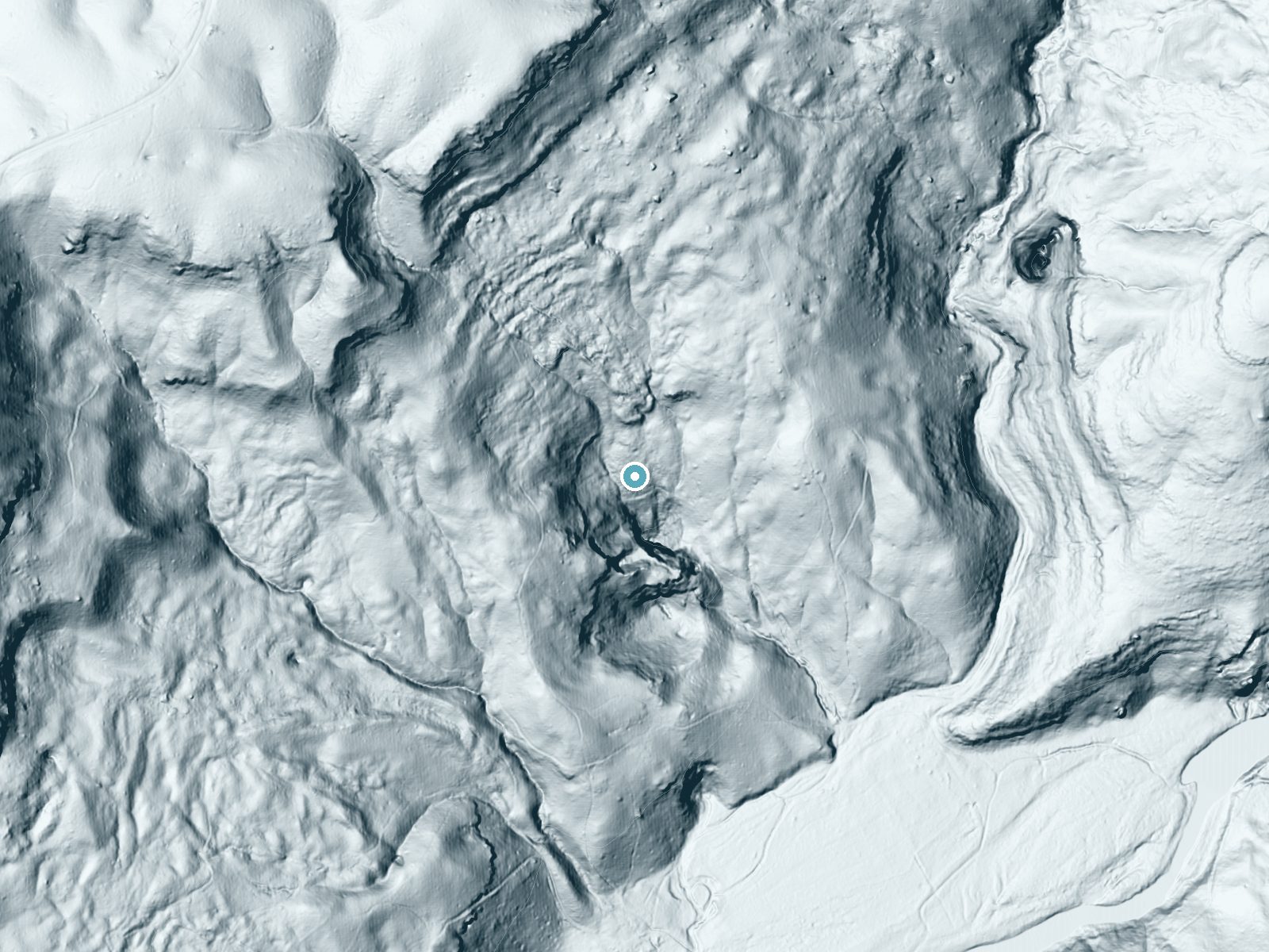 LiDAR bare-earth terrain around Virgin Falls near Bon Air, Tennessee, showing about 214 feet of drop, a steep tiered drop, facing southeast