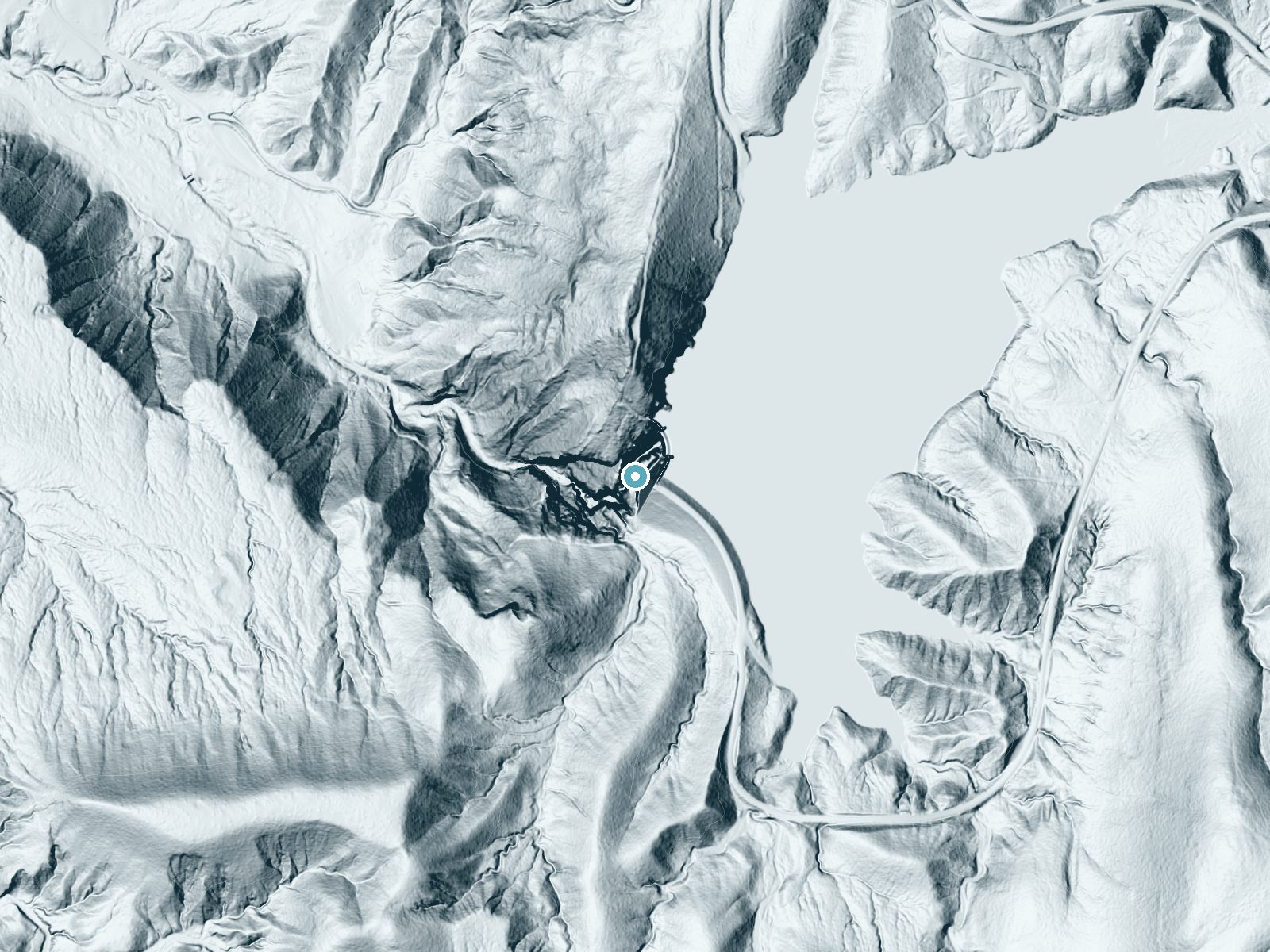 LiDAR bare-earth terrain around Nambe Falls near Rio en Medio, New Mexico, showing about 269 feet of drop, a steep tiered drop, facing southwest