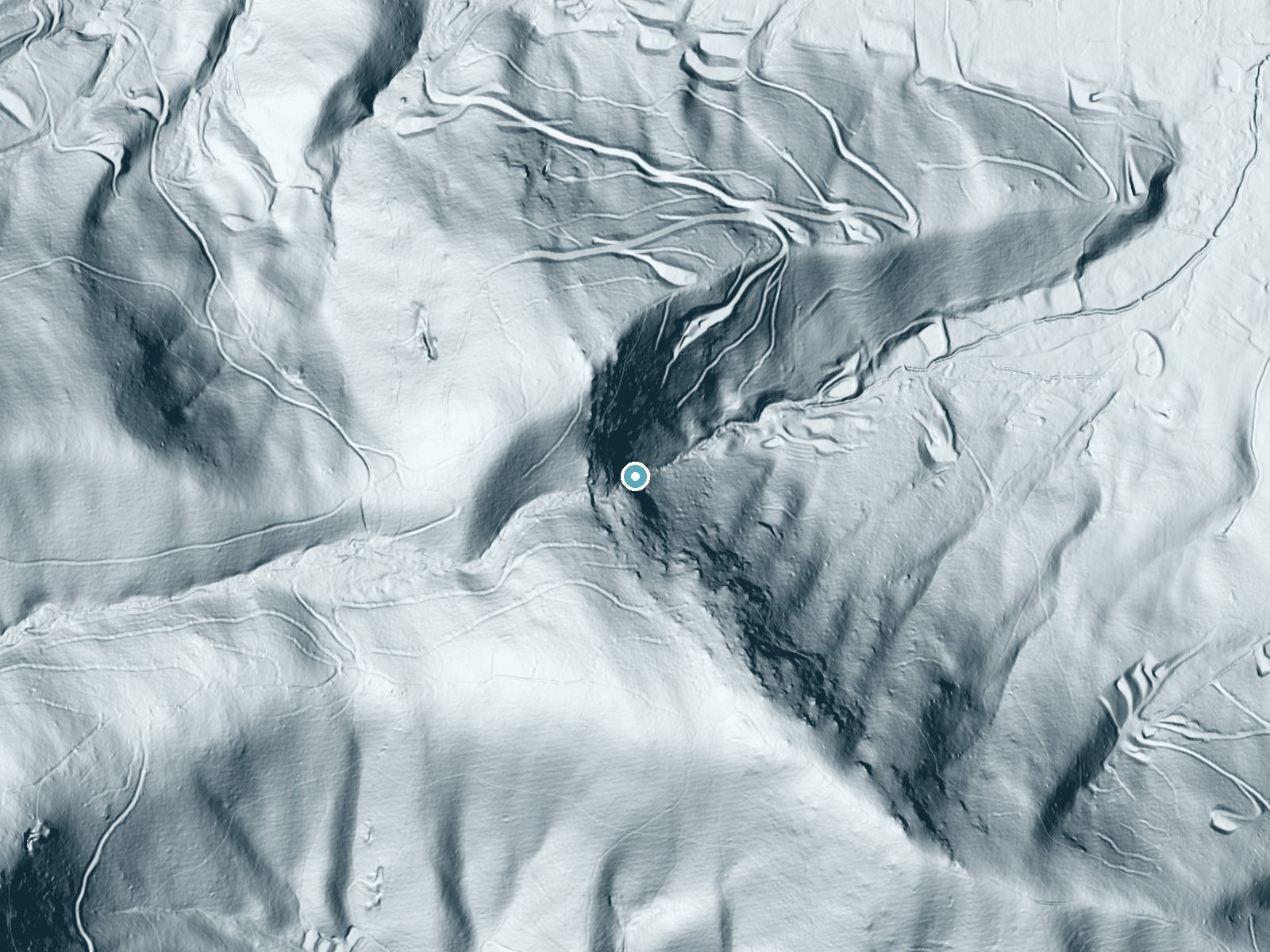 LiDAR bare-earth terrain around Roaring Spout Falls near Burnsville, North Carolina, showing about 273 feet of drop, a steep tiered drop, facing east