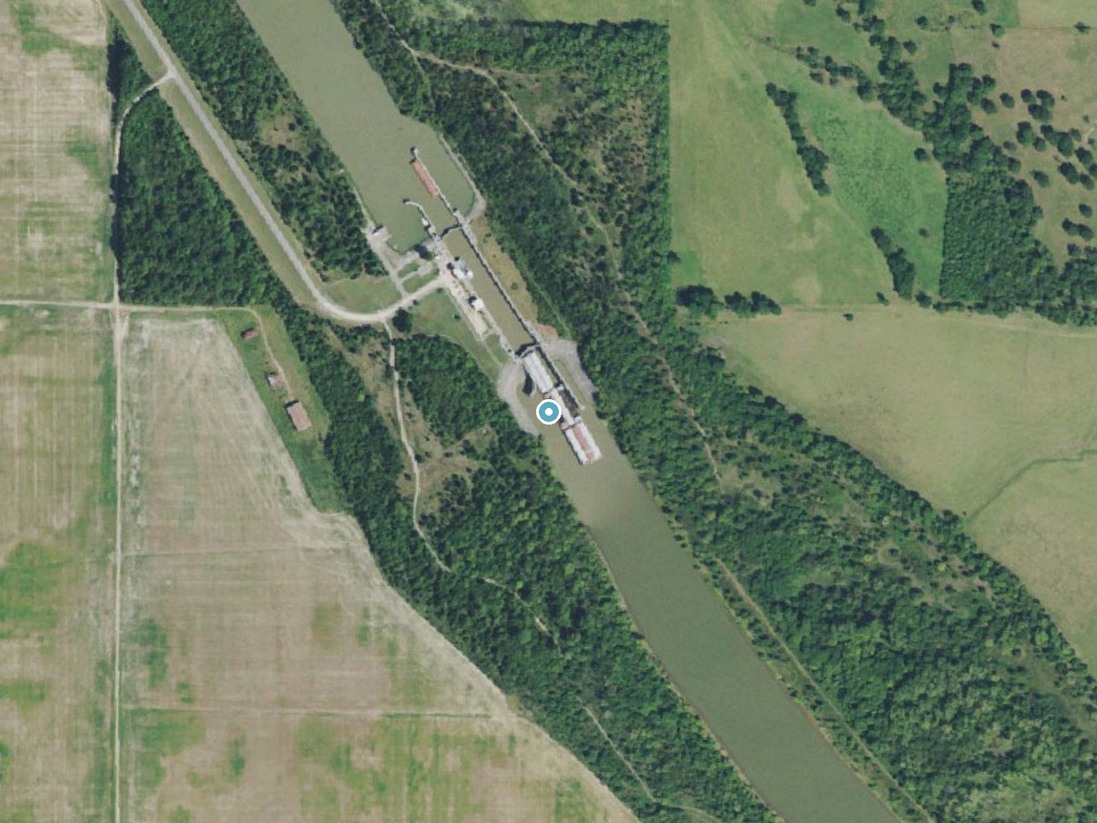 Aerial photo of the same ground around Lower Verdigris Falls (historical) near Okay, Oklahoma, for comparison with the lidar view