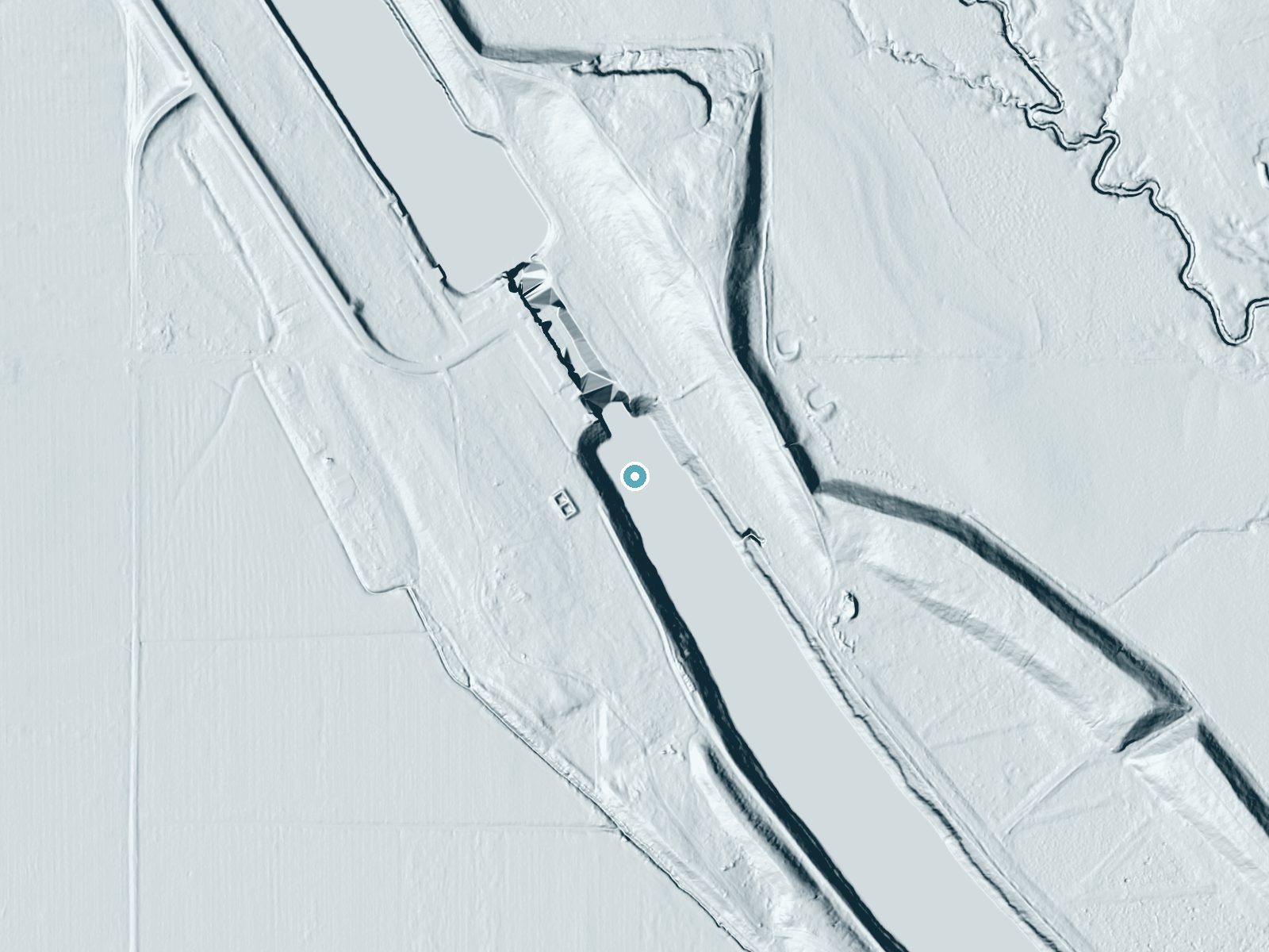 LiDAR bare-earth terrain around Lower Verdigris Falls (historical) near Okay, Oklahoma, showing about 31 feet of drop, a long cascade, facing east
