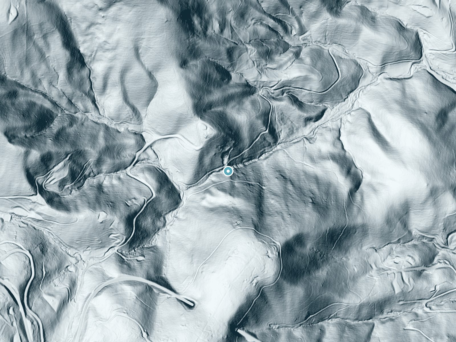 LiDAR bare-earth terrain around Grassy Creek Falls near Spruce Pine, North Carolina, showing about 220 feet of drop, a steep tiered drop, facing northeast