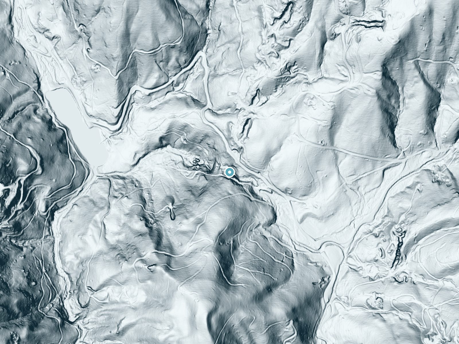LiDAR bare-earth terrain around Crabtree Falls near Spruce Pine, North Carolina, showing about 238 feet of drop, a steep tiered drop, facing northwest