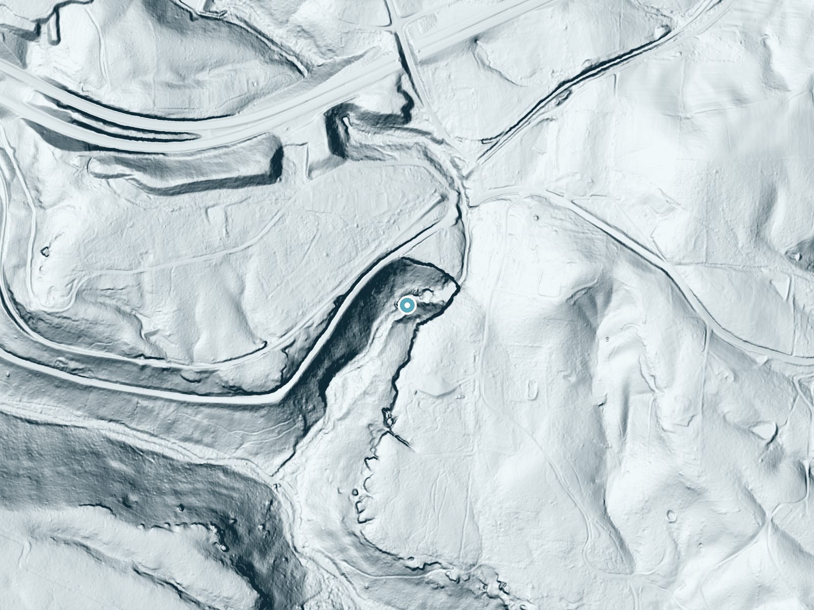 LiDAR bare-earth terrain around Ozone Falls near Crab Orchard, Tennessee, showing about 190 feet of drop, a steep tiered drop, facing west