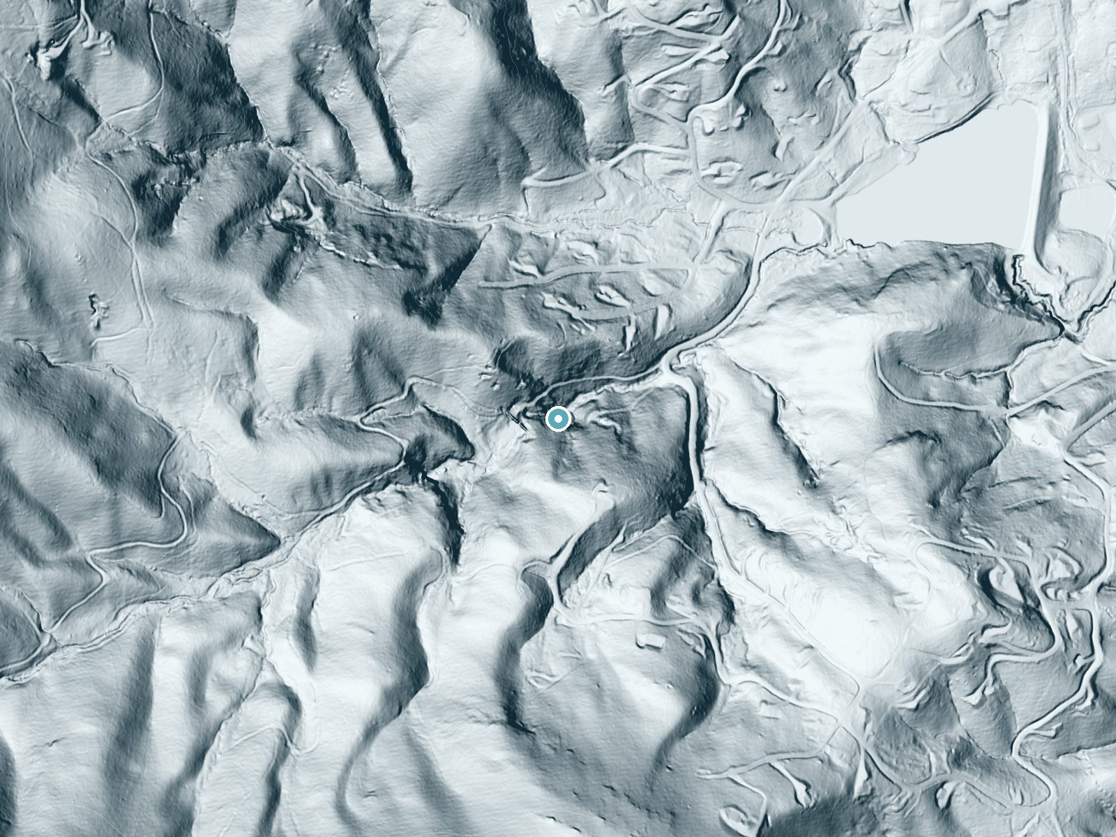 LiDAR bare-earth terrain around Crystal Falls near Spruce Pine, North Carolina, showing about 175 feet of drop, a steep tiered drop, facing northeast