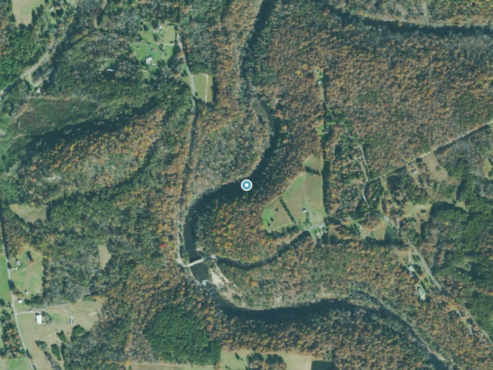 Aerial photo of the same ground around Pilot Falls near Pleasant Hill, Tennessee, for comparison with the lidar view