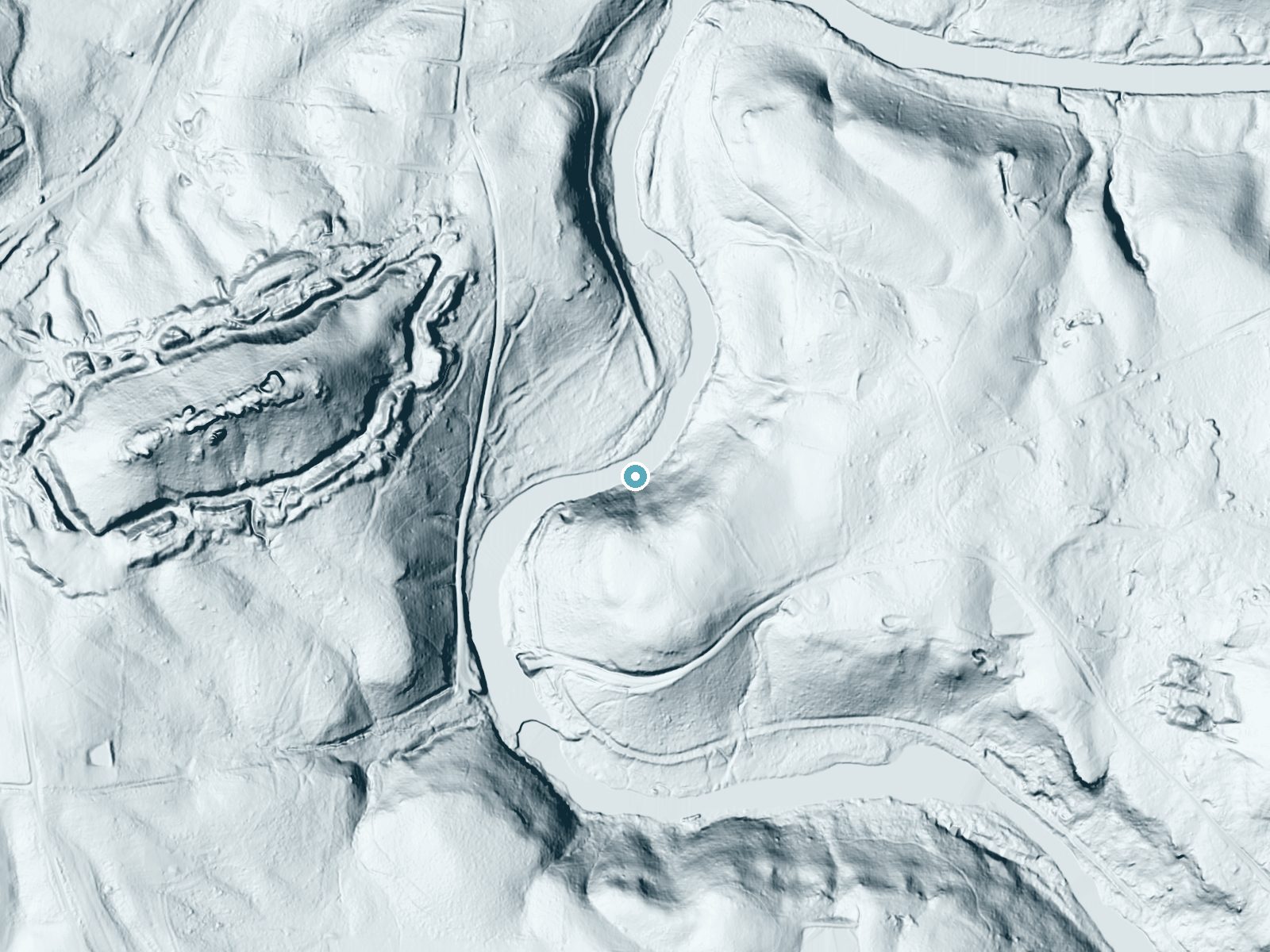 LiDAR bare-earth terrain around Pilot Falls near Pleasant Hill, Tennessee, showing about 110 feet of drop, a steep tiered drop, facing northwest