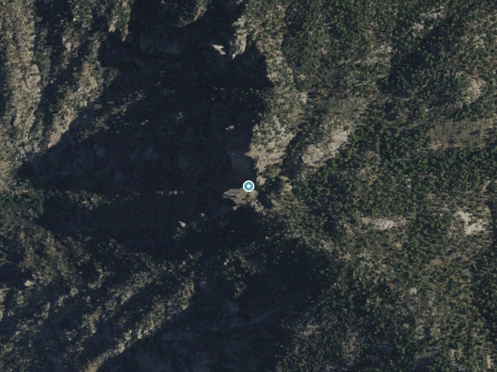 Aerial photo of the same ground around Salmon Creek Falls near Kernville, California, for comparison with the lidar view