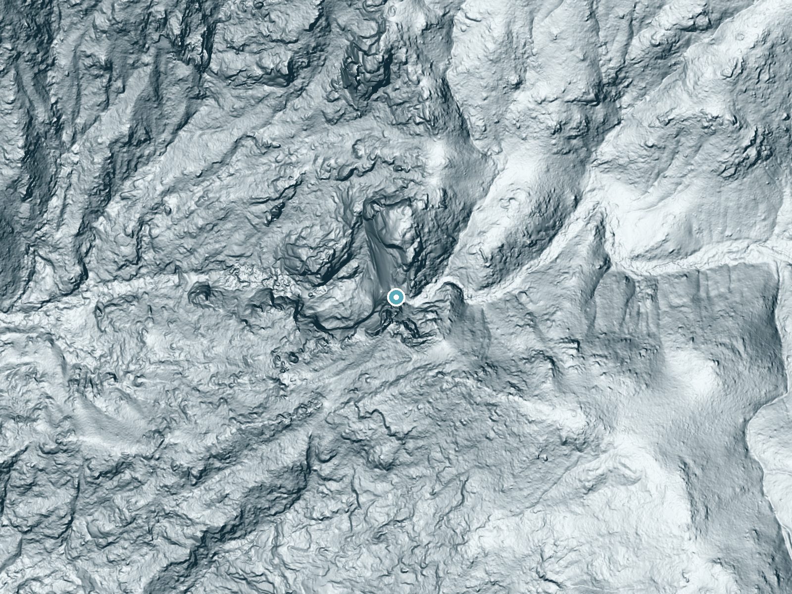 LiDAR bare-earth terrain around Salmon Creek Falls near Kernville, California, showing about 623 feet of drop, a single sheer drop, facing west
