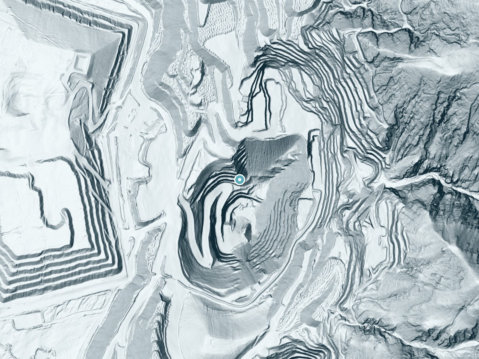 LiDAR bare-earth terrain around Manly Fall (historical) near Homewood Canyon, California, showing about 357 feet of drop, a steep tiered drop, facing south