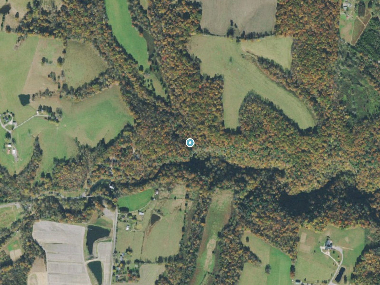 Aerial photo of the same ground around Cul-car-mac Falls near Smithville, Tennessee, for comparison with the lidar view