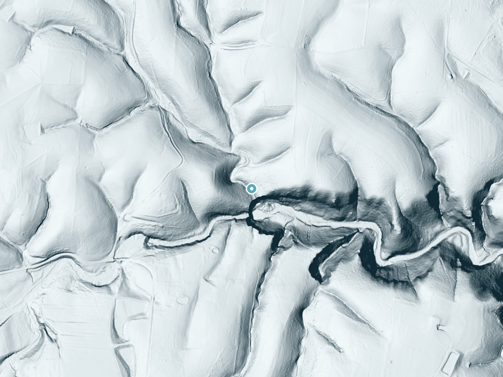 LiDAR bare-earth terrain around Cul-car-mac Falls near Smithville, Tennessee, showing about 209 feet of drop, a single sheer drop, facing south