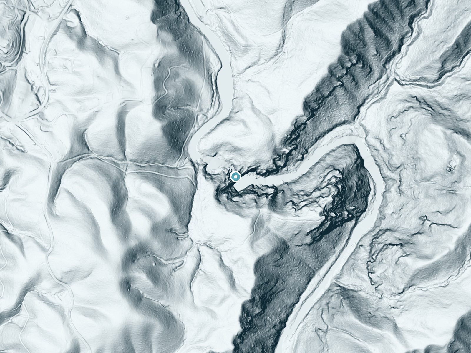 LiDAR bare-earth terrain around Linville Falls near Crossnore, North Carolina, showing about 176 feet of drop, a steep tiered drop, facing southeast