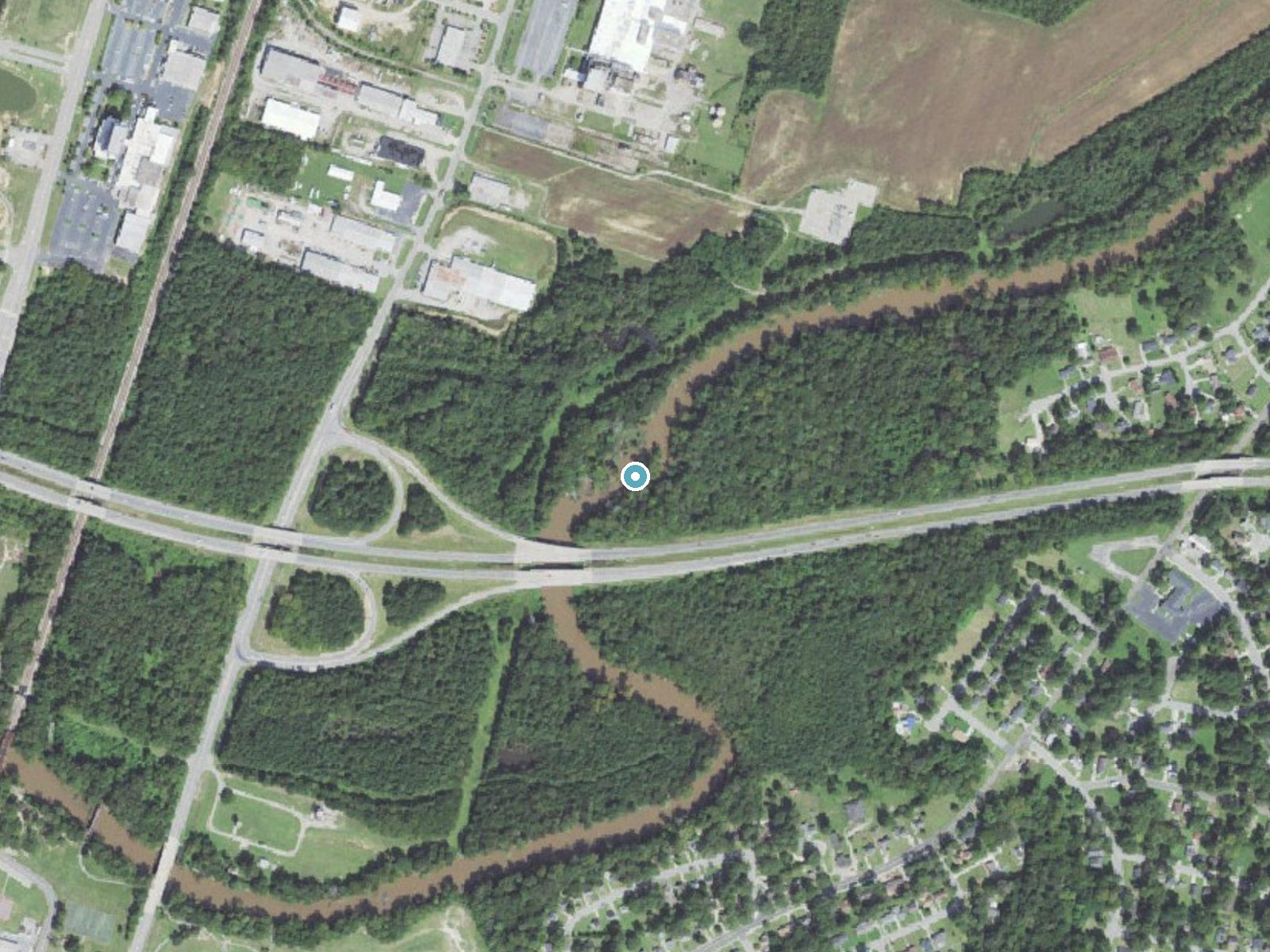 Aerial photo of the same ground around Little Falls near Rocky Mount, North Carolina, for comparison with the lidar view