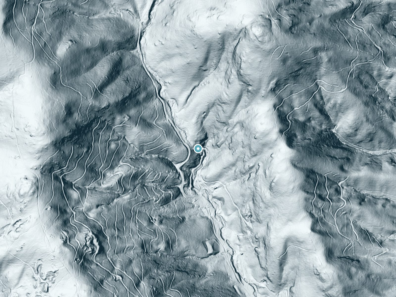 LiDAR bare-earth terrain around Falls of Gouges Creek near Spruce Pine, North Carolina, showing about 155 feet of drop, a steep tiered drop, facing southeast