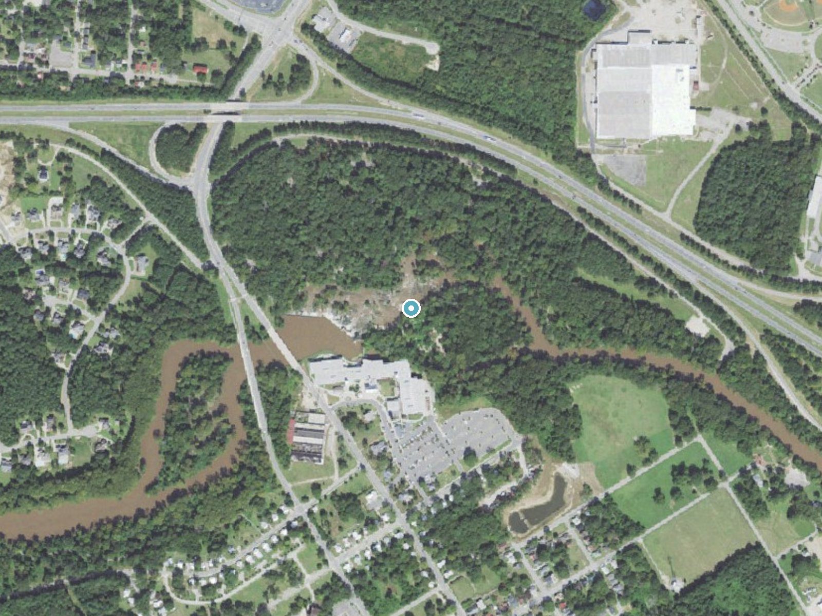 Aerial photo of the same ground around Little Falls near Rocky Mount, North Carolina, for comparison with the lidar view