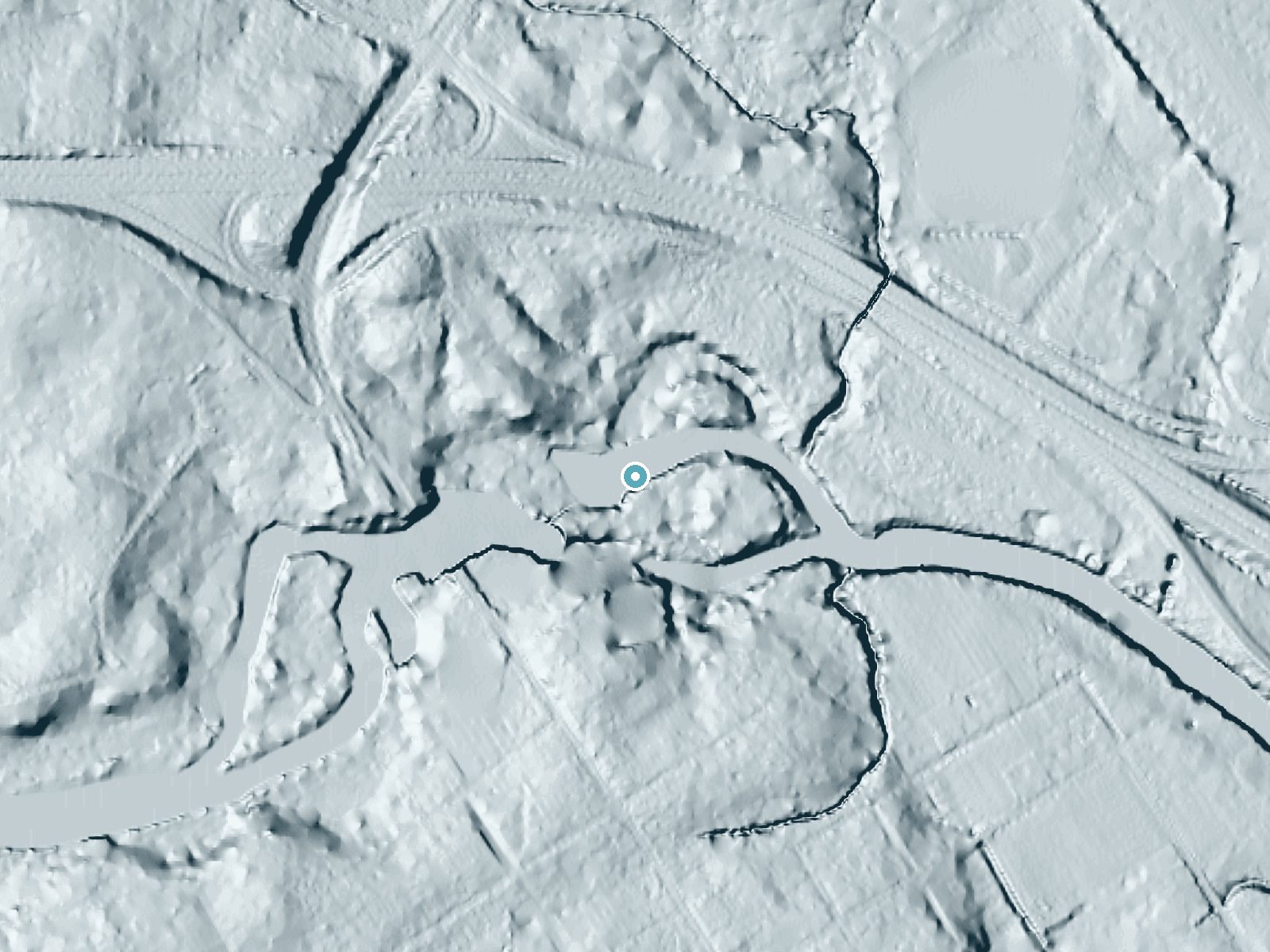 LiDAR bare-earth terrain around Little Falls near Rocky Mount, North Carolina, showing about 18 feet of drop, a long cascade, facing north