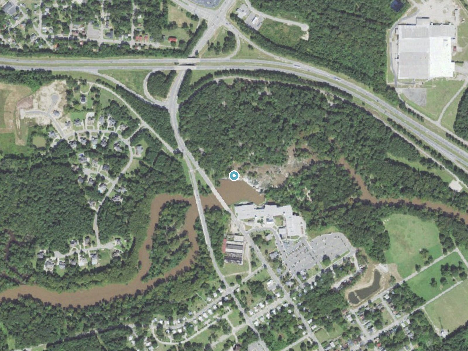 Aerial photo of the same ground around Upper Falls near Rocky Mount, North Carolina, for comparison with the lidar view