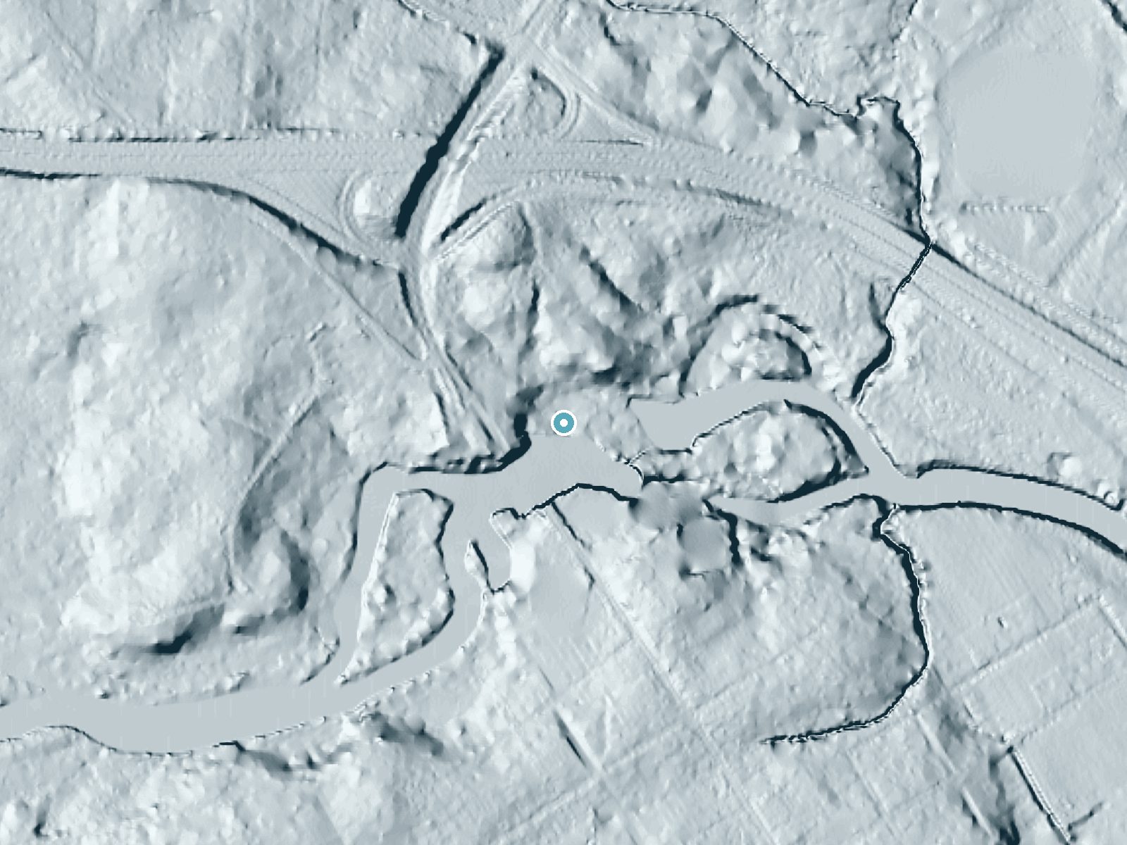 LiDAR bare-earth terrain around Upper Falls near Rocky Mount, North Carolina, showing about 26 feet of drop, a long cascade, facing east