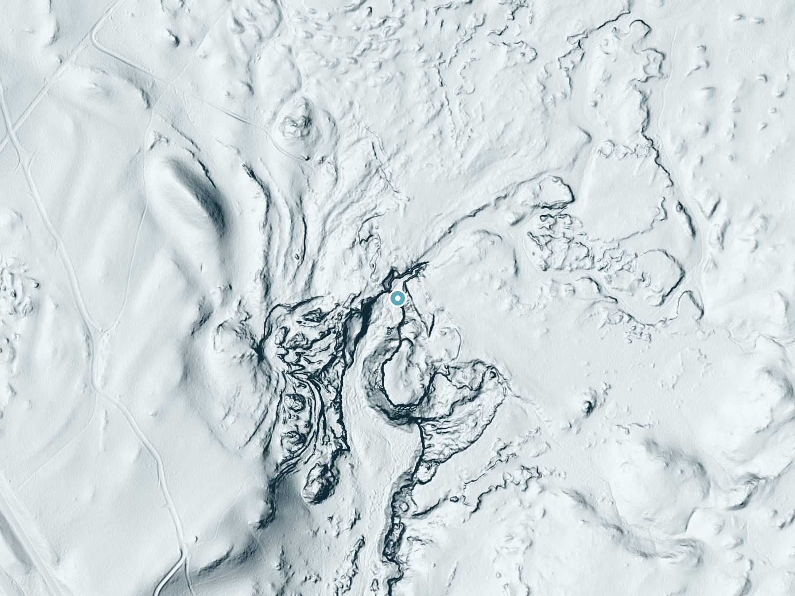 LiDAR bare-earth terrain around Fossil Falls near Kennedy Meadows, California, showing about 114 feet of drop, a steep tiered drop, facing southwest