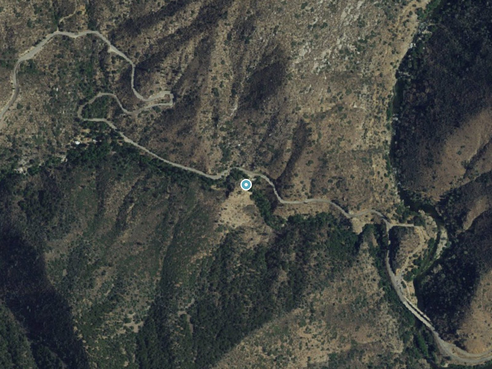 Aerial photo of the same ground around South Creek Falls near Ponderosa, California, for comparison with the lidar view