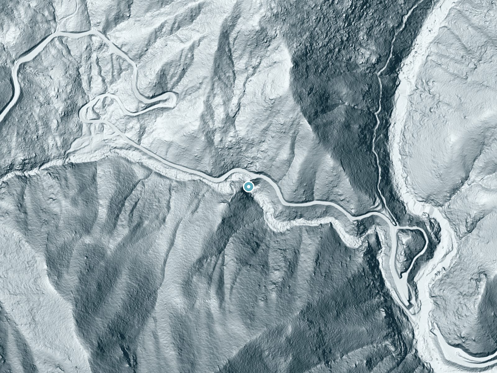 LiDAR bare-earth terrain around South Creek Falls near Ponderosa, California, showing about 201 feet of drop, a single sheer drop, facing southeast