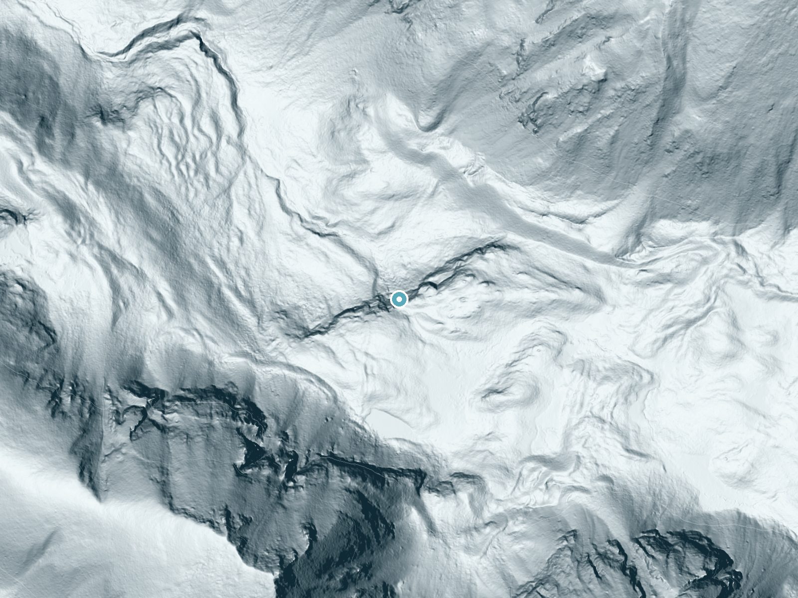 LiDAR bare-earth terrain around Rio Quemado Falls near Truchas, New Mexico, showing about 257 feet of drop, a steep tiered drop, facing northwest