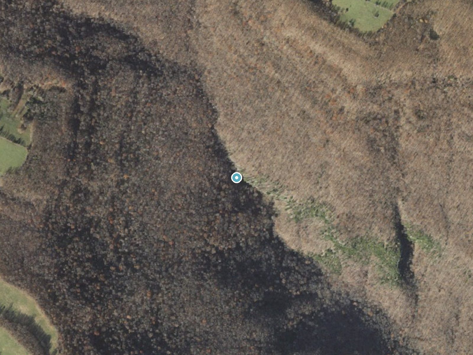 Aerial photo of the same ground around Eden Falls near Ponca, Arkansas, for comparison with the lidar view