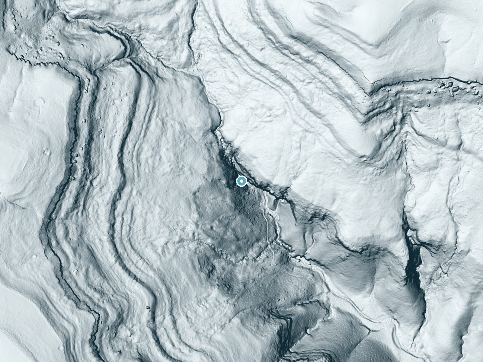 LiDAR bare-earth terrain around Eden Falls near Ponca, Arkansas, showing about 317 feet of drop, a steep tiered drop, facing south