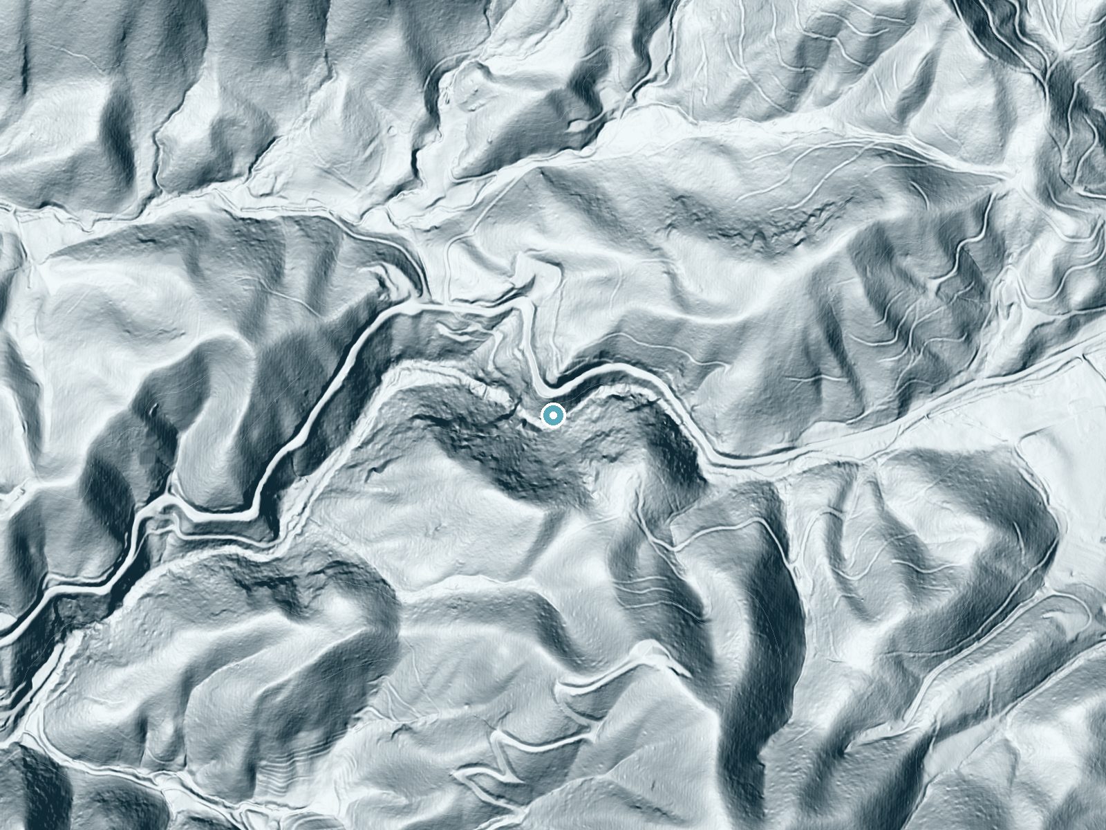 LiDAR bare-earth terrain around Spivey Falls near Banner Hill, Tennessee, showing about 233 feet of drop, a steep tiered drop, facing west