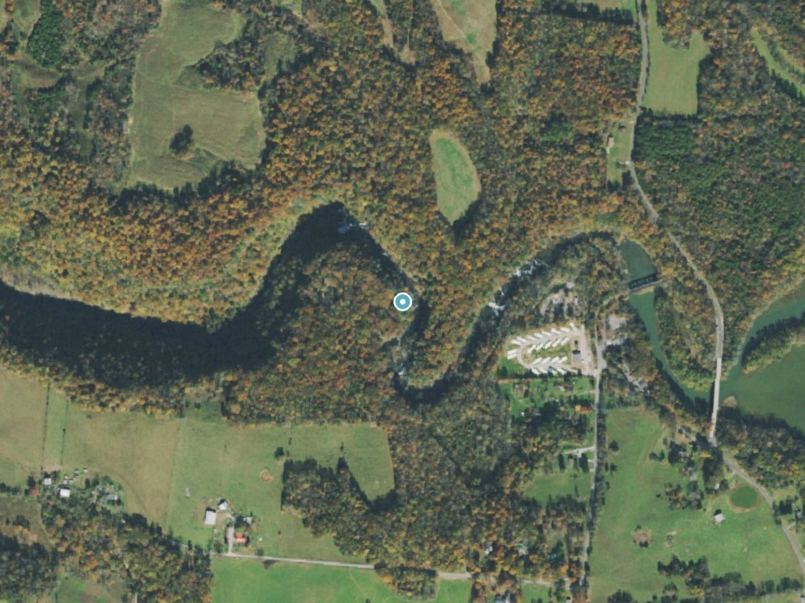Aerial photo of the same ground around Burgess Falls near Baxter, Tennessee, for comparison with the lidar view