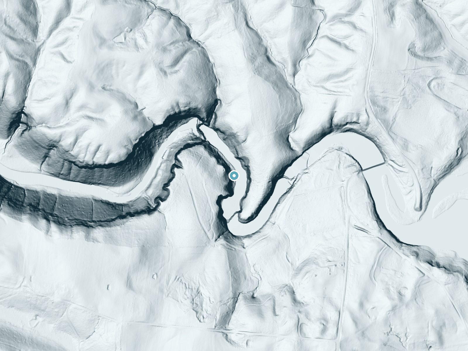 LiDAR bare-earth terrain around Burgess Falls near Baxter, Tennessee, showing about 135 feet of drop, a steep tiered drop, facing northeast
