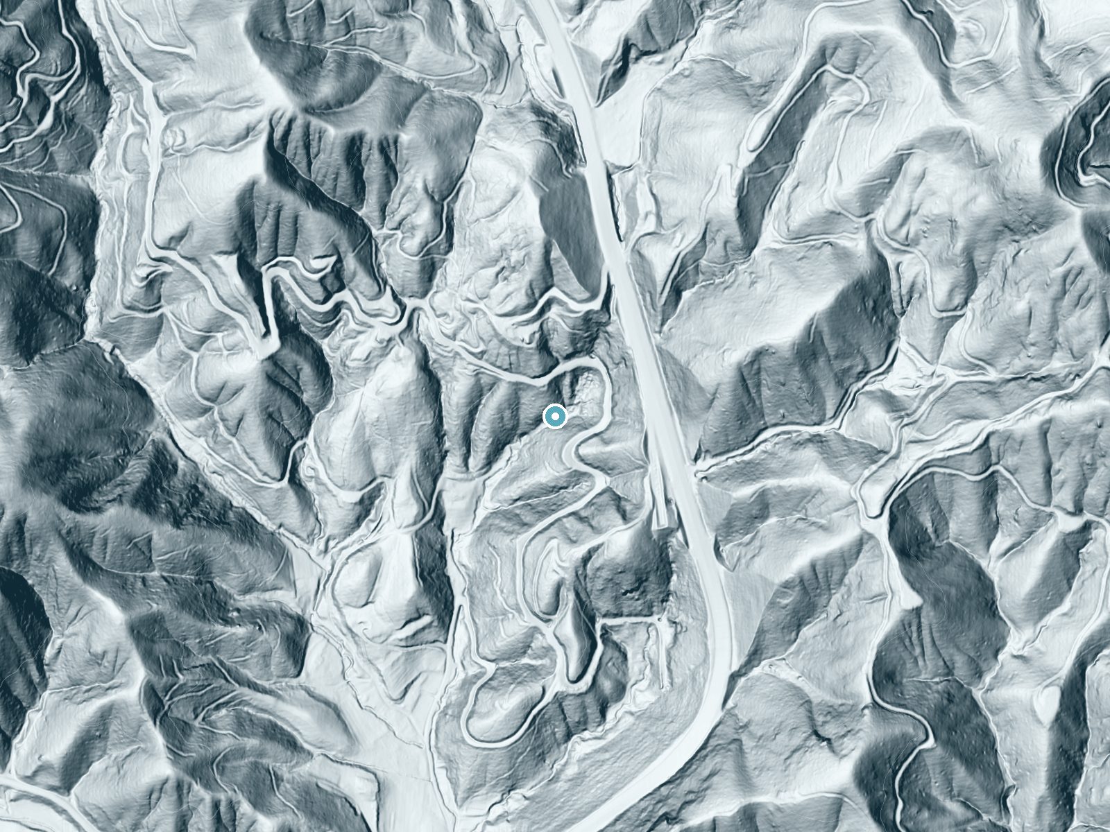 LiDAR bare-earth terrain around Silvervale Falls near Blowing Rock, North Carolina, showing about 212 feet of drop, a long cascade, facing southwest