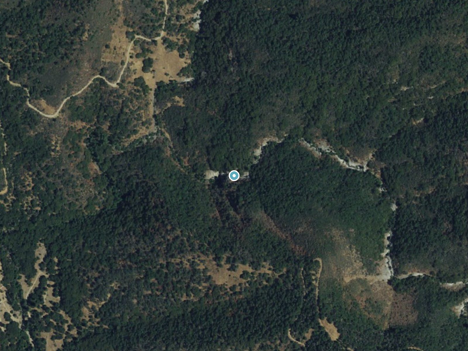 Aerial photo of the same ground around Cholollo Falls near Pierpoint, California, for comparison with the lidar view