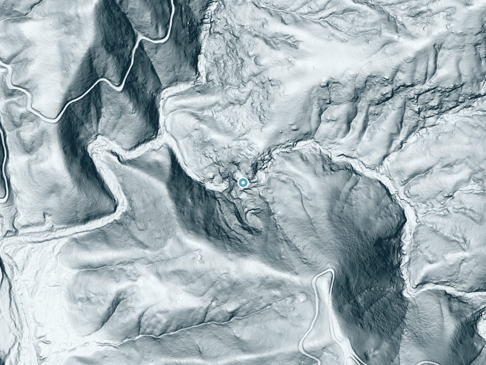 LiDAR bare-earth terrain around Cholollo Falls near Pierpoint, California, showing about 324 feet of drop, a steep tiered drop, facing west
