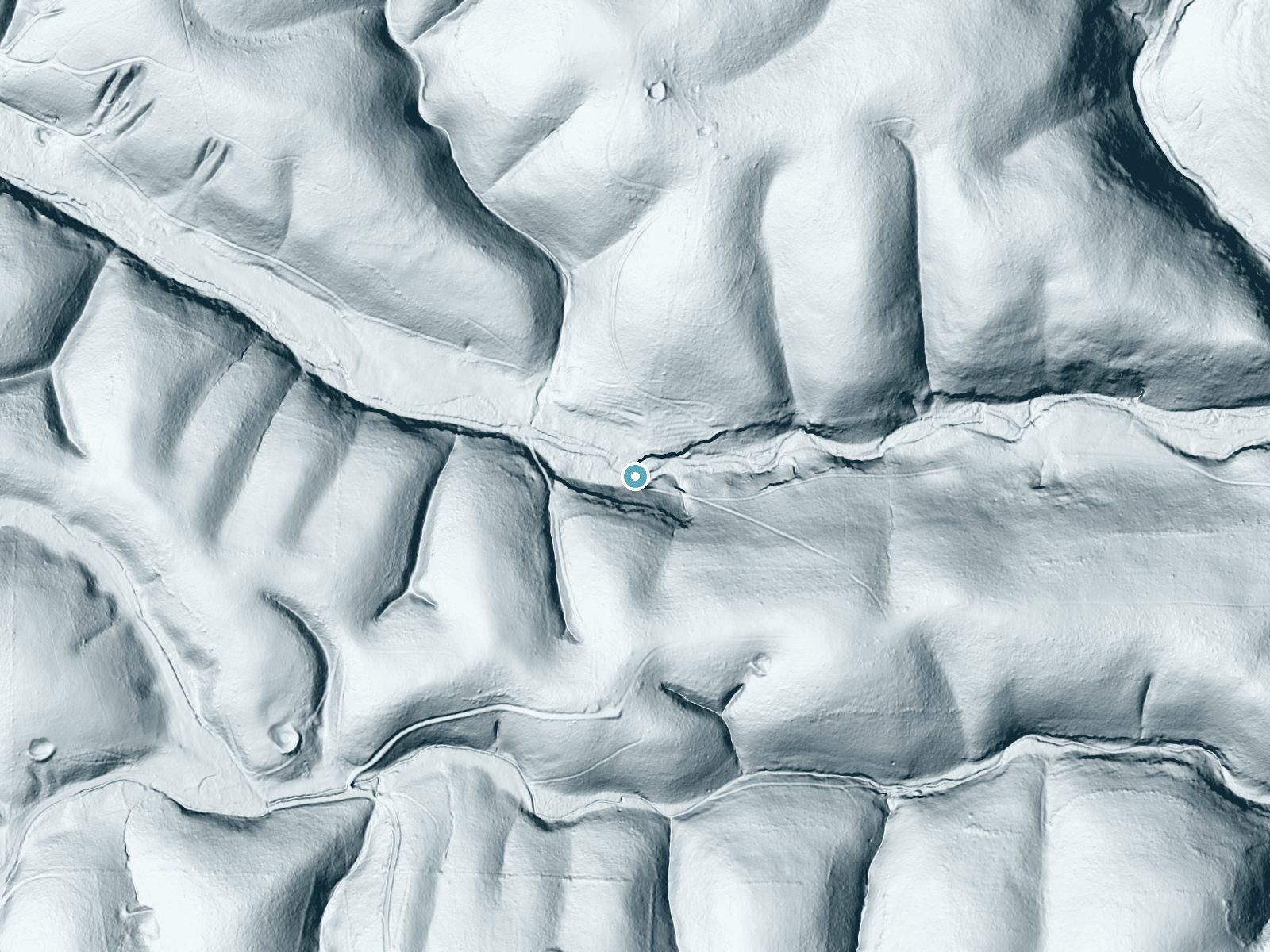 LiDAR bare-earth terrain around Lay Falls near Gilbert, Arkansas, showing about 128 feet of drop, a steep tiered drop, facing north