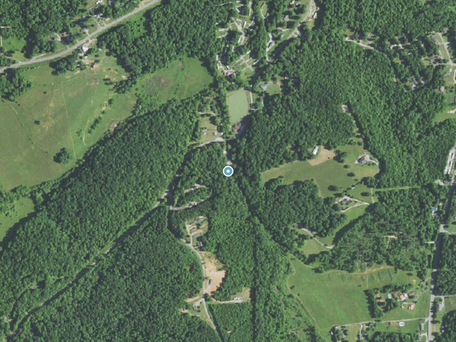 Aerial photo of the same ground around Moravian Falls near Moravian Falls, North Carolina, for comparison with the lidar view