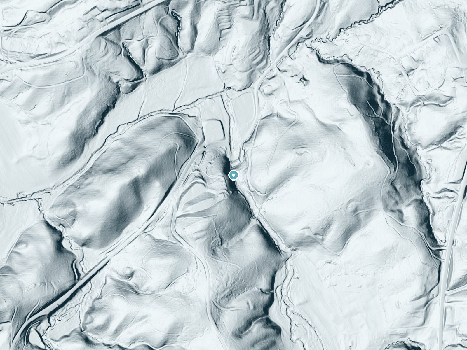 LiDAR bare-earth terrain around Moravian Falls near Moravian Falls, North Carolina, showing about 130 feet of drop, a long cascade, facing north