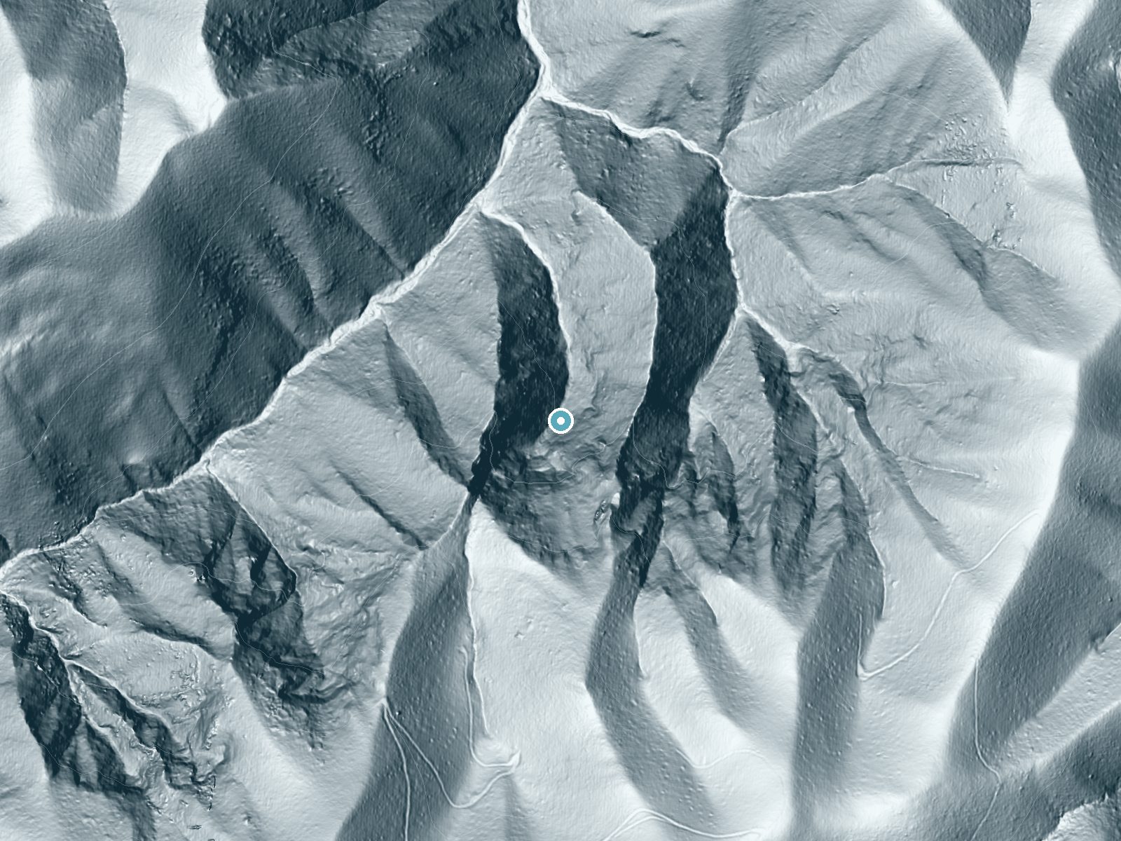 LiDAR bare-earth terrain around Buckeye Falls near Banner Hill, Tennessee, showing about 477 feet of drop, a single sheer drop, facing north