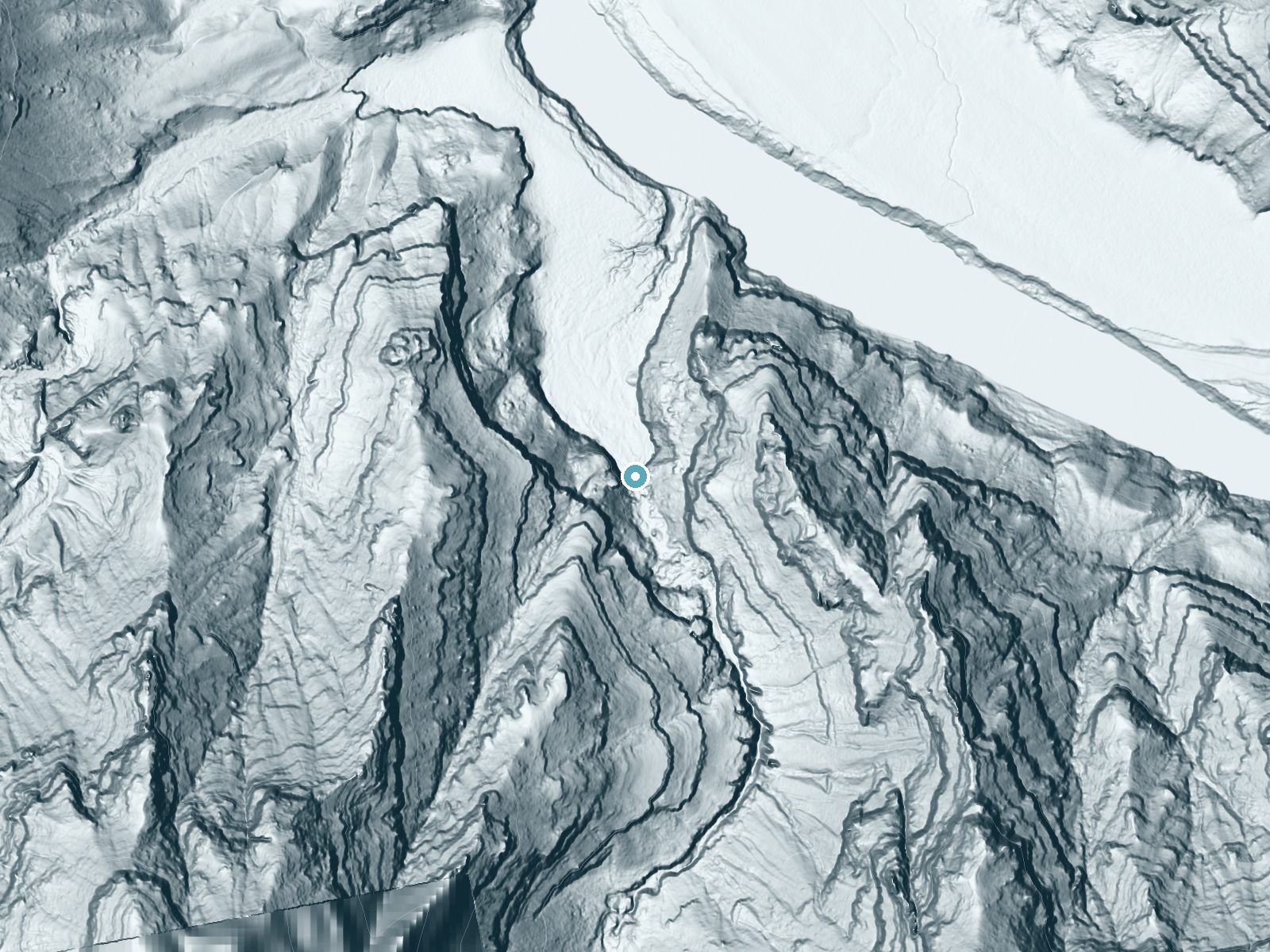 LiDAR bare-earth terrain around Columbine Falls near Meadview, Arizona, showing about 311 feet of drop, a steep tiered drop, facing north